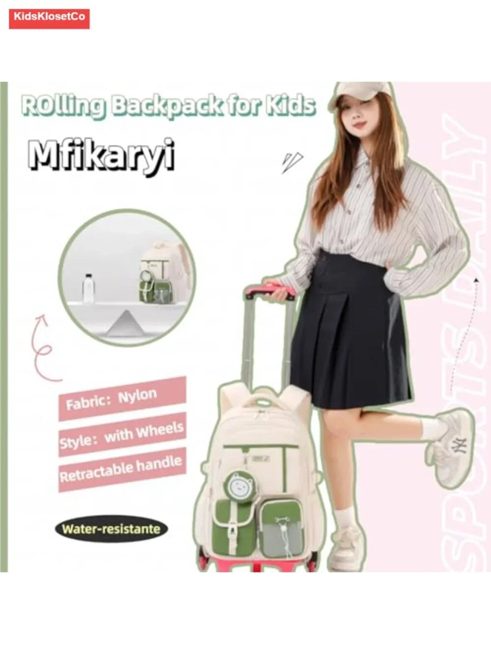 Kids Rolling Backpack Wheeled School Bag with 2 Wheels, Nylon, Adjustable Straps